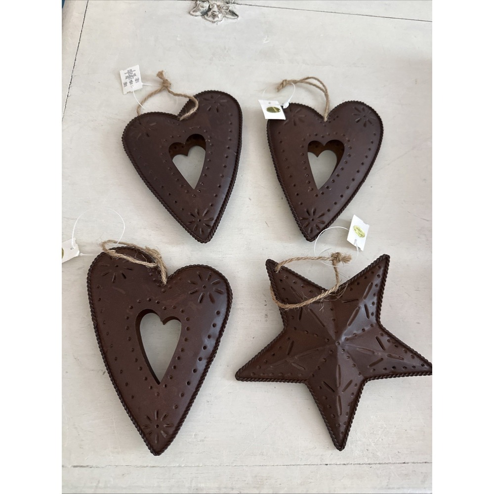 Vintage Punched Metal Heart Star 6in Ornaments Set Of Four New Tags Dillards